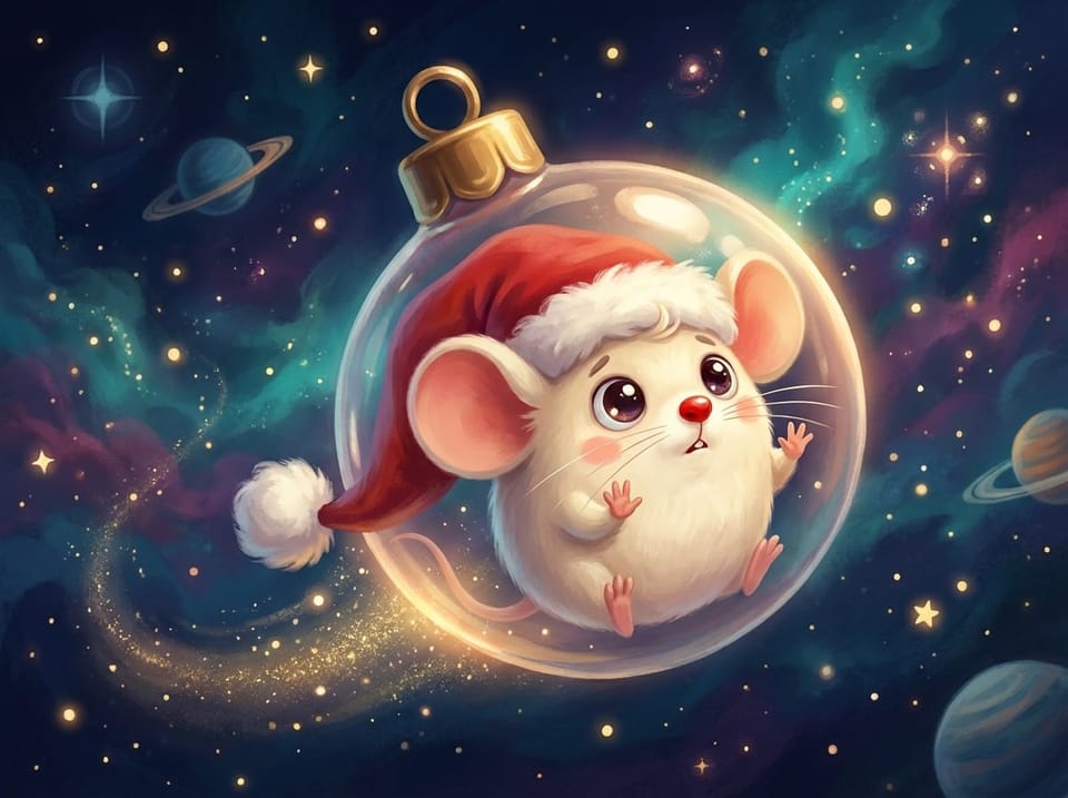 Chris Maus in his red hat, floating inside a glass Christmas-ornament pod through a starry nebula past ringed planets.