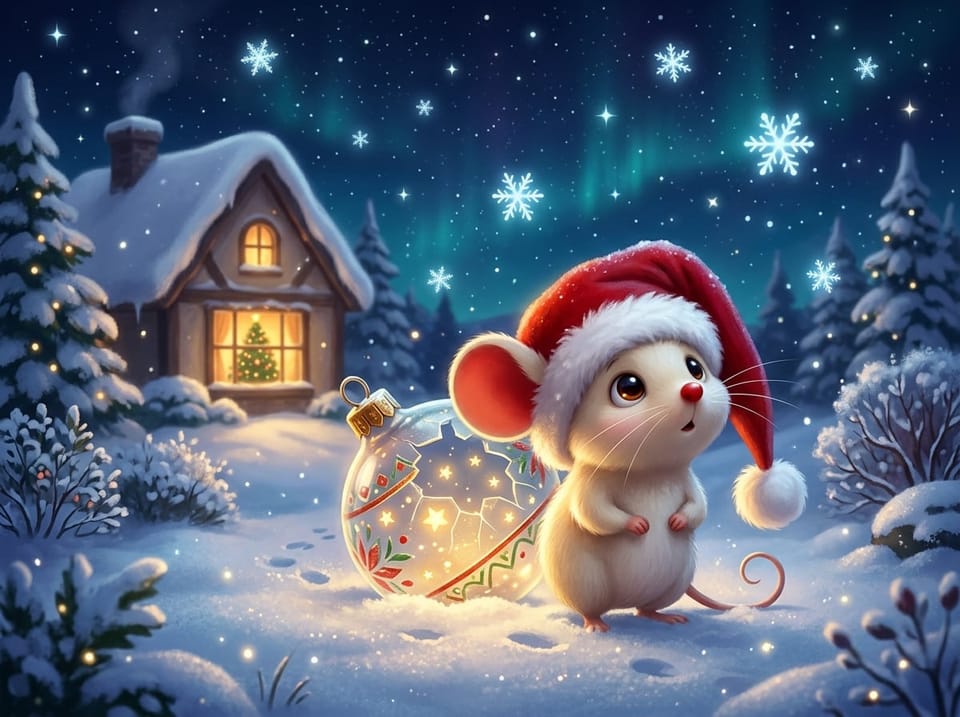 Chris Maus standing in fresh snow beside his cracked, glowing ornament pod, looking up at falling snowflakes near a cottage with a lit Christmas tree in the window.