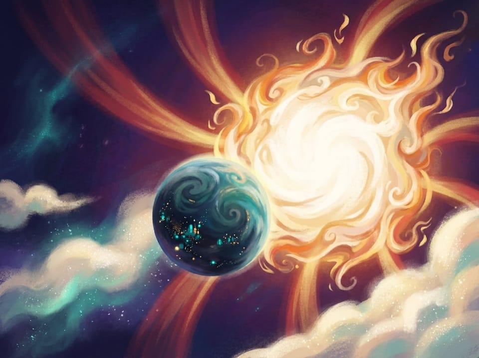 A small blue-green world with glowing cities, dwarfed by a blazing, swirling star that is beginning to burst.