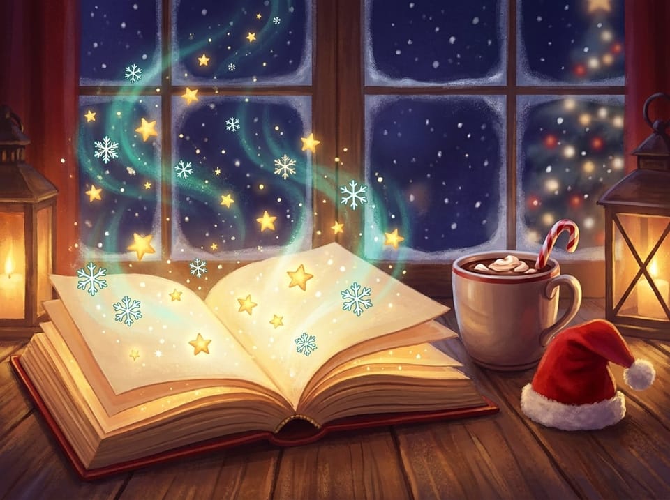 An open storybook glowing on a wooden table, with stars and snowflakes rising from its pages beside a mug of cocoa and a small red Santa hat.
