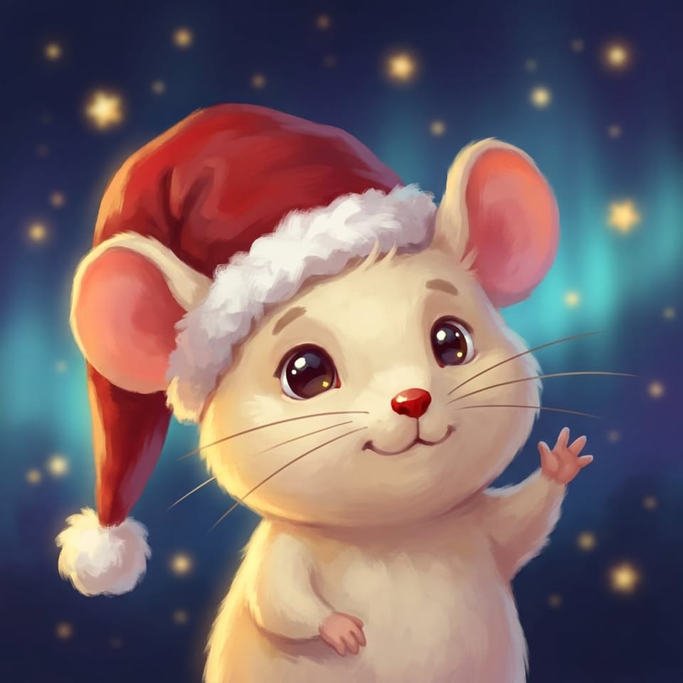 Portrait of Chris Maus, a cream-white mouse in a floppy red Santa hat, smiling and waving against a starry night sky.